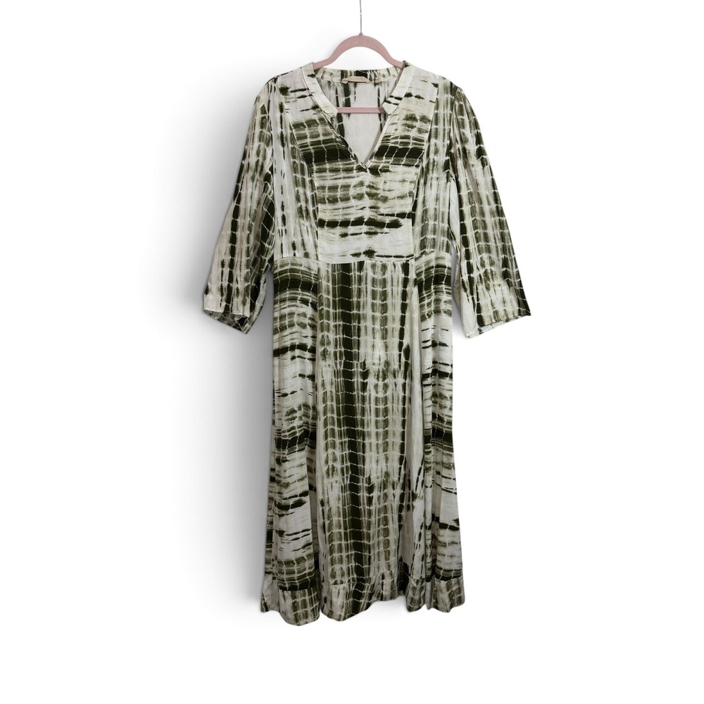 Soft Surroundings XL Olive Green White Tie Dye Shibori V-Neck Midi Dress